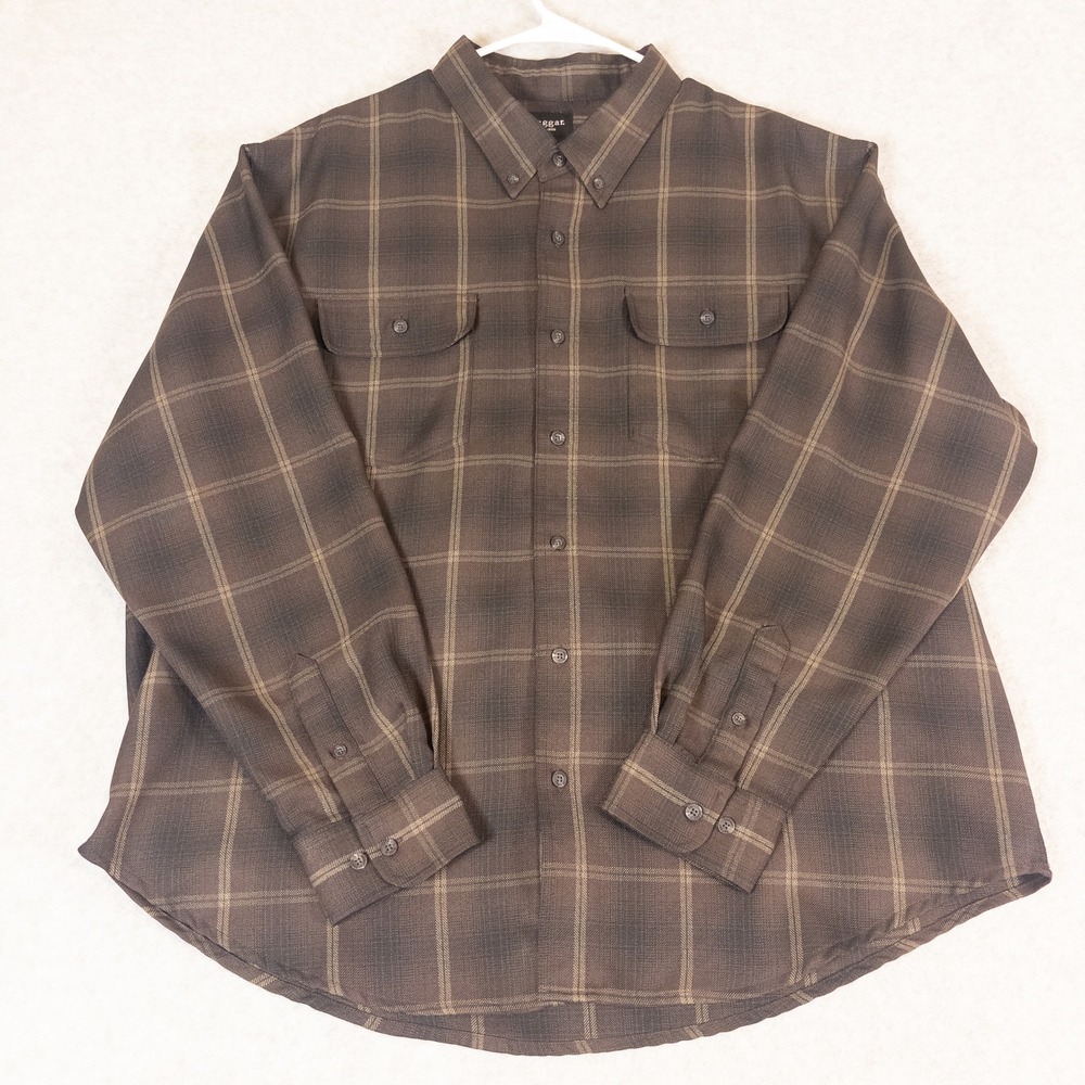 Haggar Mens XXL Brown Plaid Long Sleeve Button Down Shirt Two Pocket